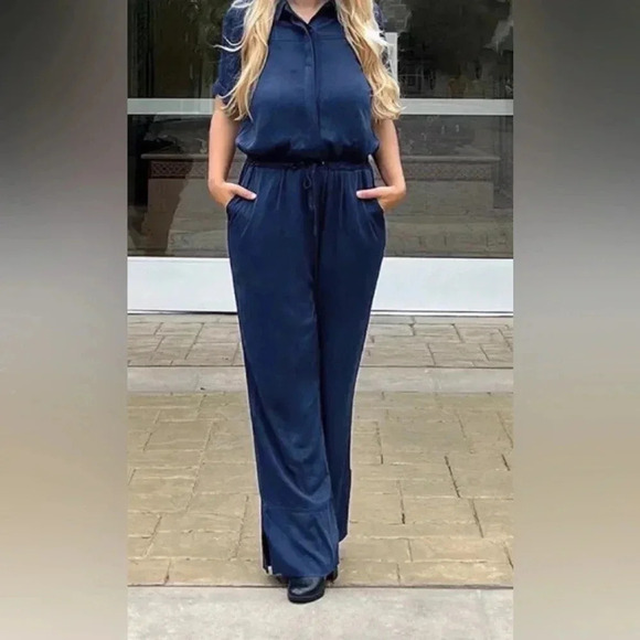 Frye Women’s Large Short Sleeve Utility Jumpsuit Blue Navy Comfortable Stretchy - Picture 5 of 15